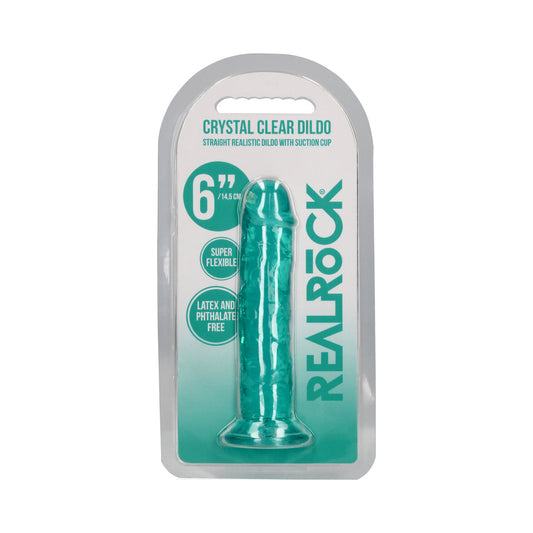 RealRock Crystal Clear Straight 6 in. Dildo Without Balls Turquoise