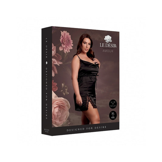 Le Desir Open Back Silk Dress with Criss Cross Details and Slit Black Queen Size