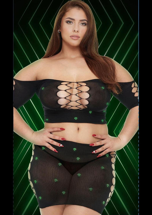 Diamond Crop Top and Skirt Set-Glow In The Dark-Q - Black/Glow In The Dark