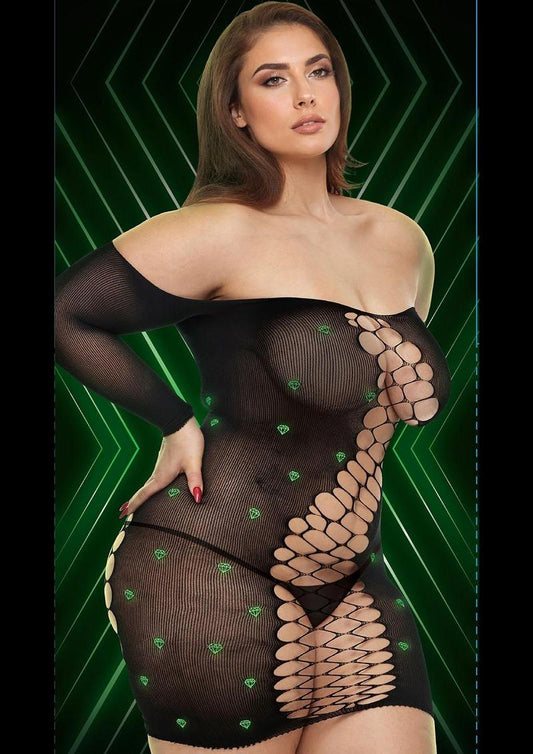 Diamond Mesh Cutout Mini Dress-Glow In The Dark-Q - Black/Glow In The Dark