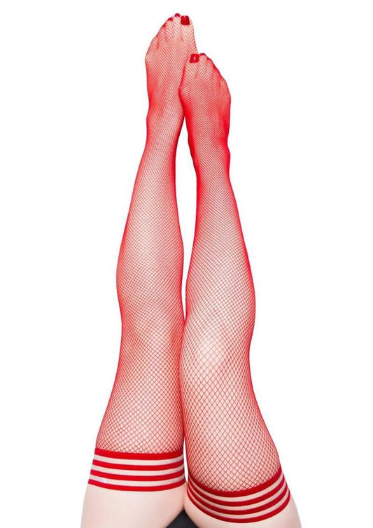 Kixies Sandra Fishnet Thigh High - Size D - Red - XLarge