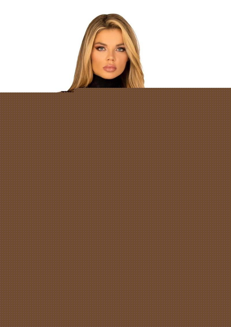Leg Avenue Fishnet High Neck Long Sleeved Bodysuit with Snap Crotch - Black - One Size