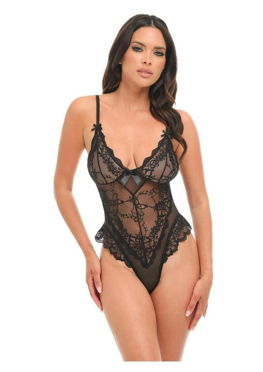 Oh LA LA Valentine Sheer Lace Teddy - Black - Large