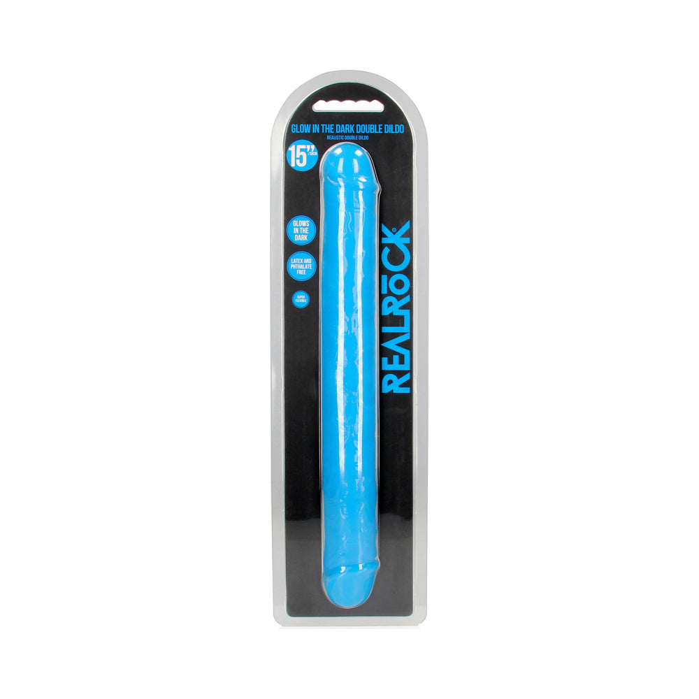 RealRock Glow in the Dark Double Dong 15 in. Dual-Ended Dildo Neon Blue
