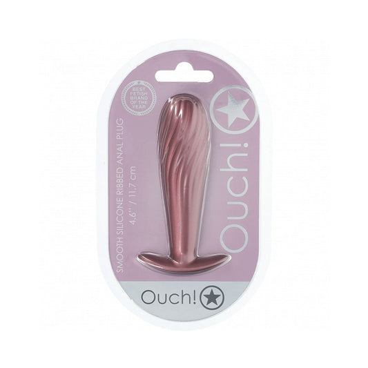 Ouch! Smooth Silicone Ribbed Anal Plug 4.6 in. Rose Gold