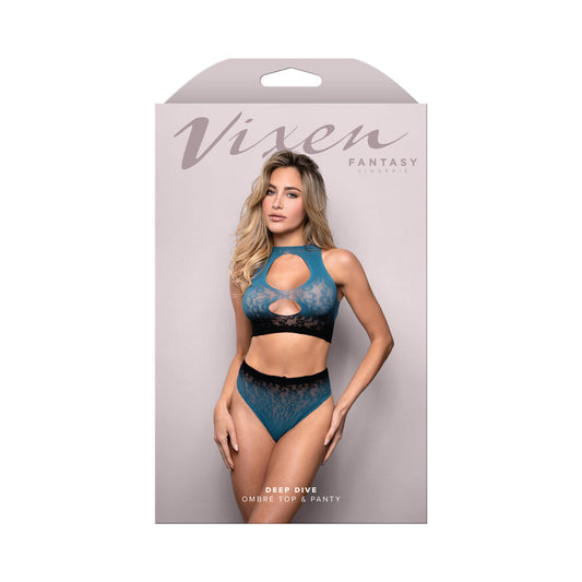 Fantasy Lingerie Vixen Deep Dive Ombré Leopard Knit Cut-Out Top & Panty Black/Blue O/S