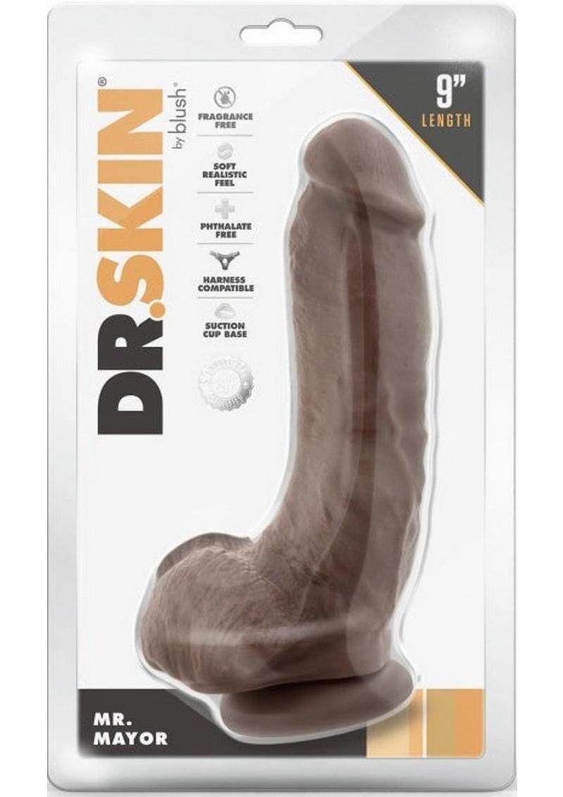 Dr. Skin Mr. Mayor Dildo with Balls and Suction Cup - Chocolate - 9in