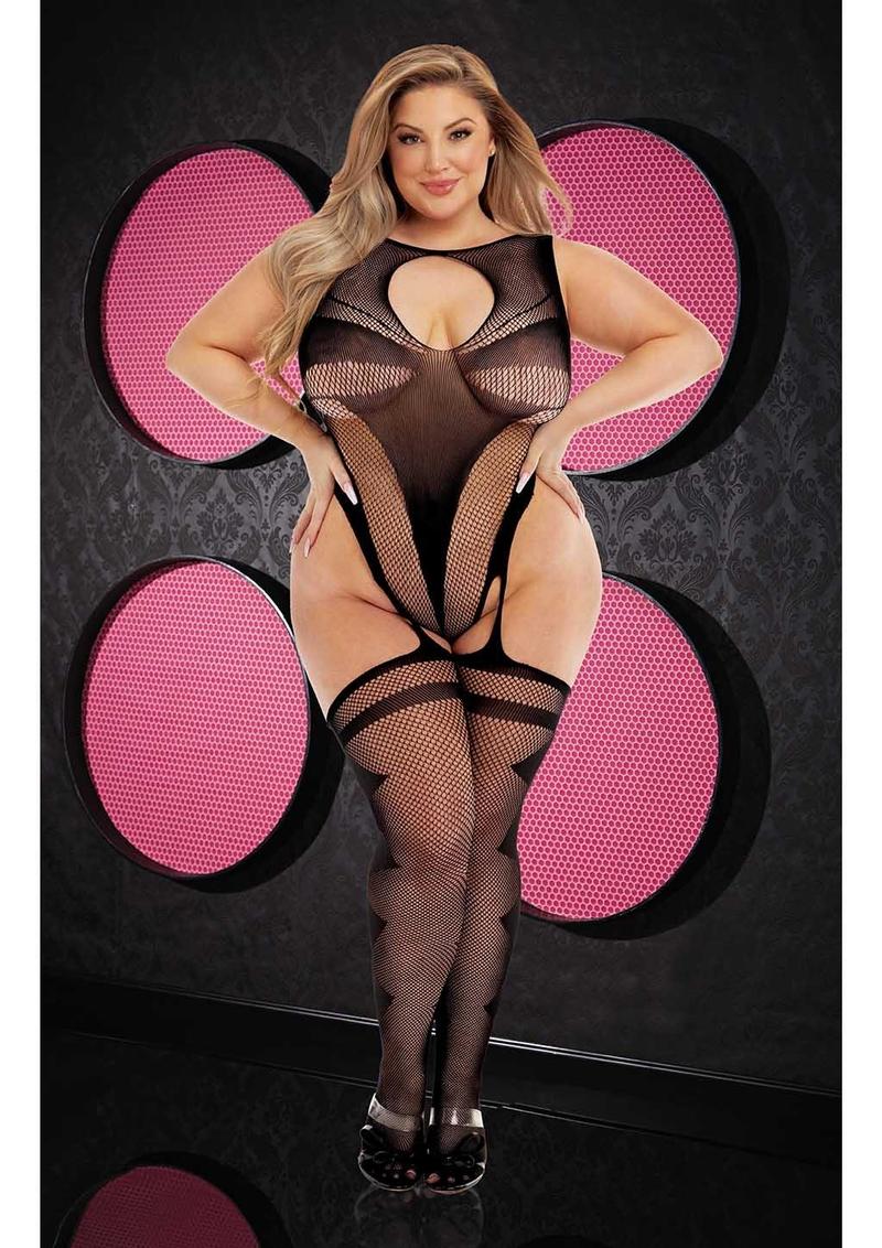 Fancy Suspender Bodystocking - Black - Queen/XLarge