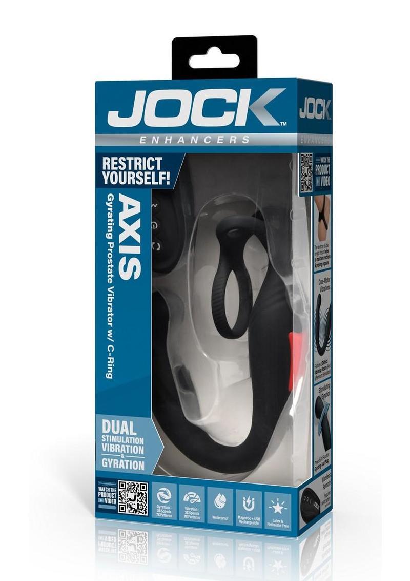 Jock Axis Gyrating Rechargeable Silicone Prostate Vibrator with C-Ring and Remote - Black