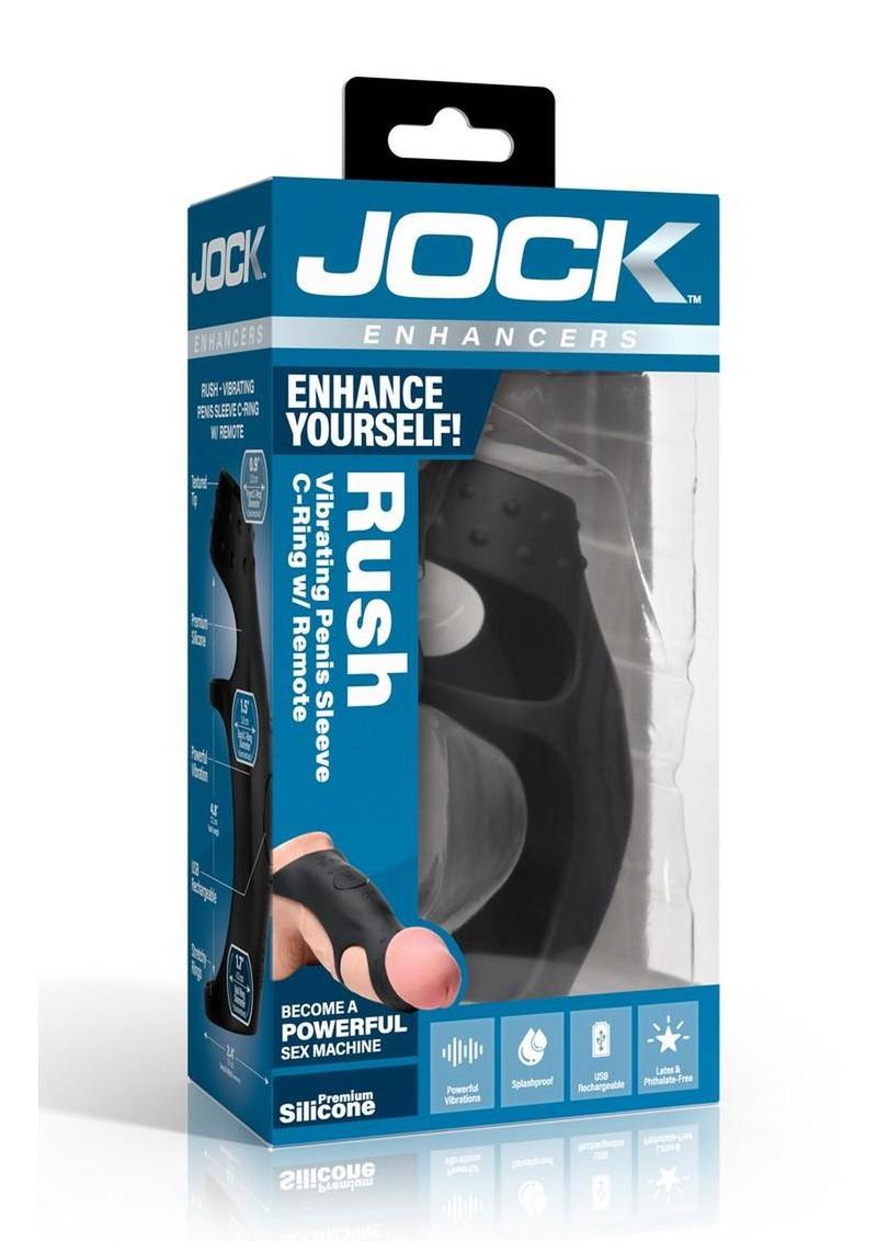 Jock Rush Vibrating Penis Sleeve Rechargeable Silicone Cock Ring with Remote Control - Black