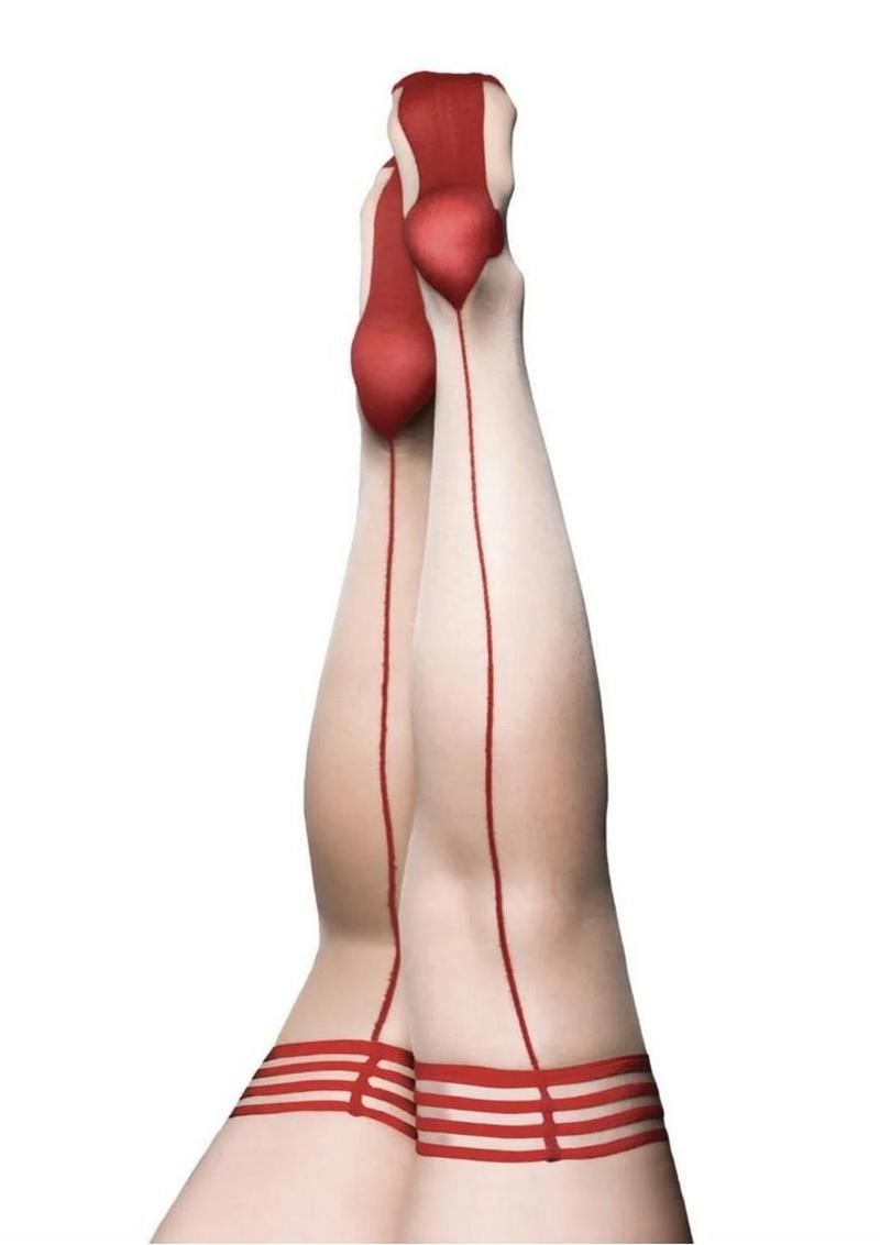 Kixies Whitney Sheer with Back Seam Thigh High - Size A - Nude/Red - Small