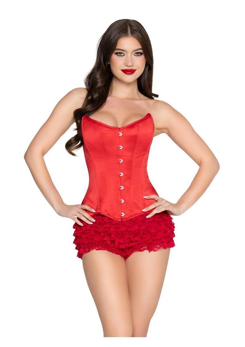 Leg Avenue Steel Boned Satin Corset with Full Busk Closer and Lace-Up Back - Red - Small