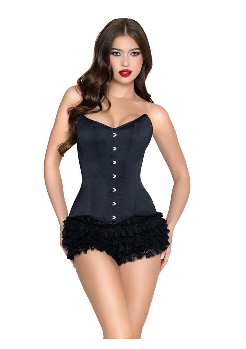 Leg Avenue Steel Boned Satin Corset with Full Busk Closer and Lace-Up Back - X - Black - Large