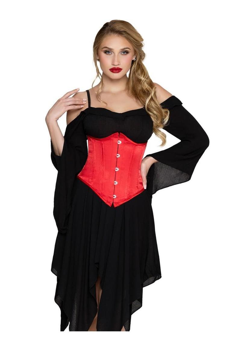 Leg Avenue Steel Boned Satin Waist Cincher with Full Busk Closer and Lace-Up Back - X - Red - Large