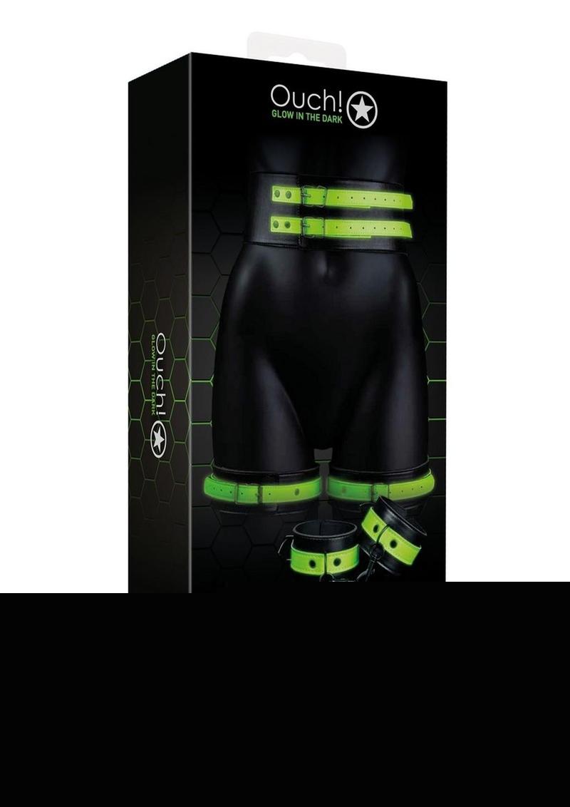 Ouch! Thigh Cuffs with Belt and Handcuffs - Glow In The Dark/Green - Medium/Small