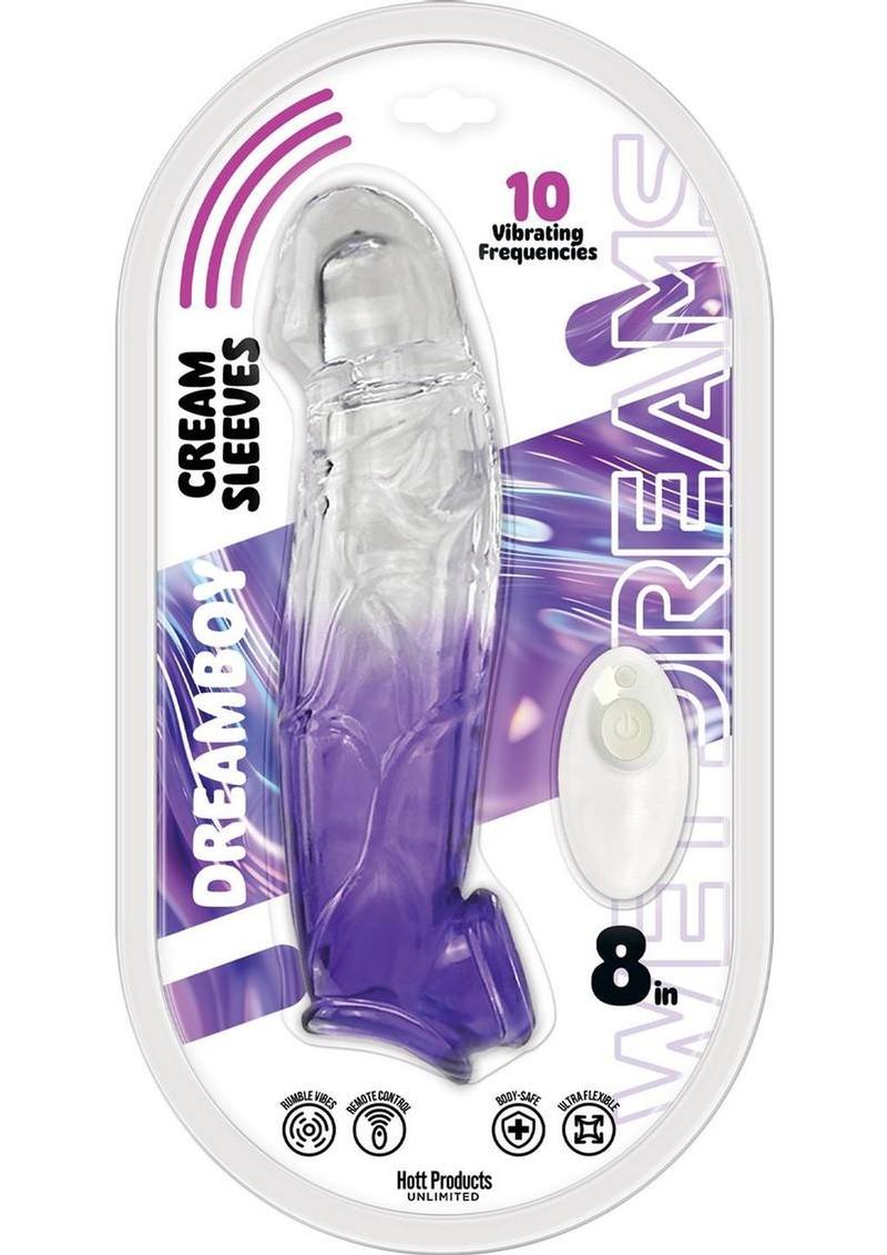 Wet Dreams Dreamboy Cream Sleeves Rechargeable Silicone Vibrating Penis Sleeve - Clear/Purple - 8in