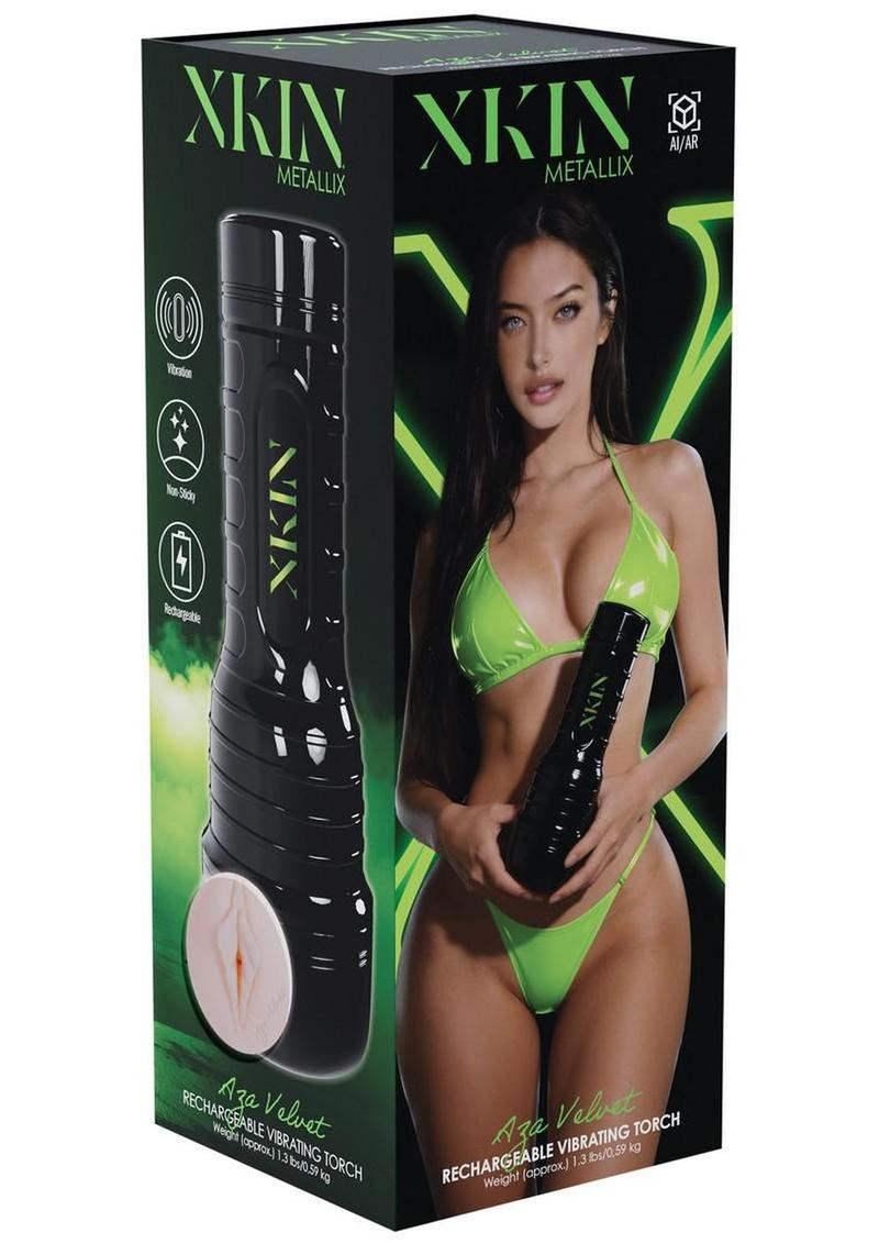 Xkin Aza Velvet Rechargeable Vibrating Torch Masturbator - Pussy - Black/Vanilla