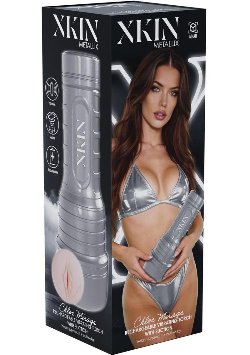 Xkin Chloe Mirage Rechargeable Vibrating Torch Masturbator - Pussy - Silver/Vanilla