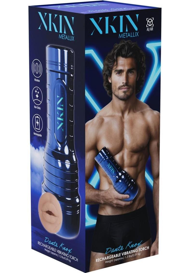 Xkin Dante Knox Rechargeable Vibrating Torch Masturbator - Male Mouth - Metallic - Blue/Caramel