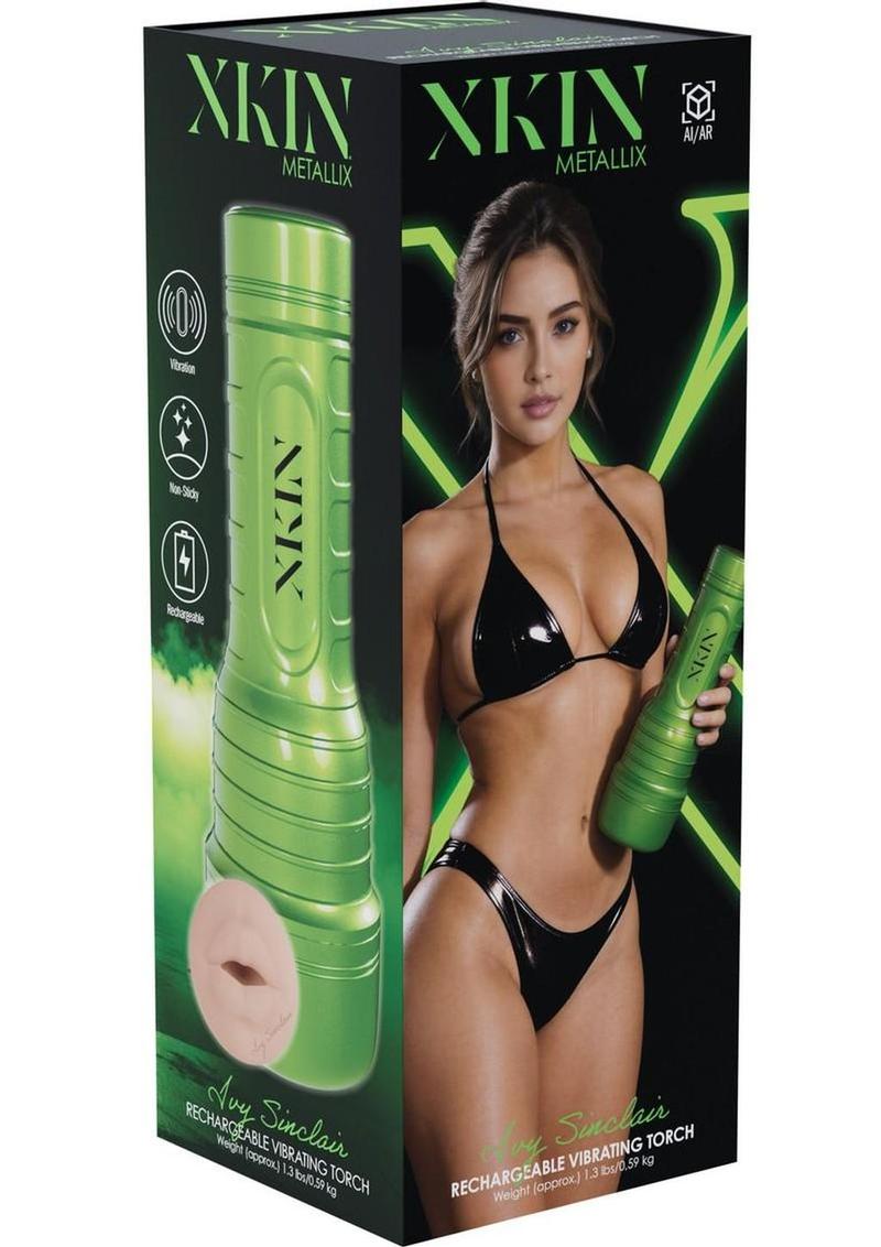 Xkin Ivy Sinclair Rechargeable Vibrating Torch Masturbator - Female Mouth - Metallic - Caramel/Green