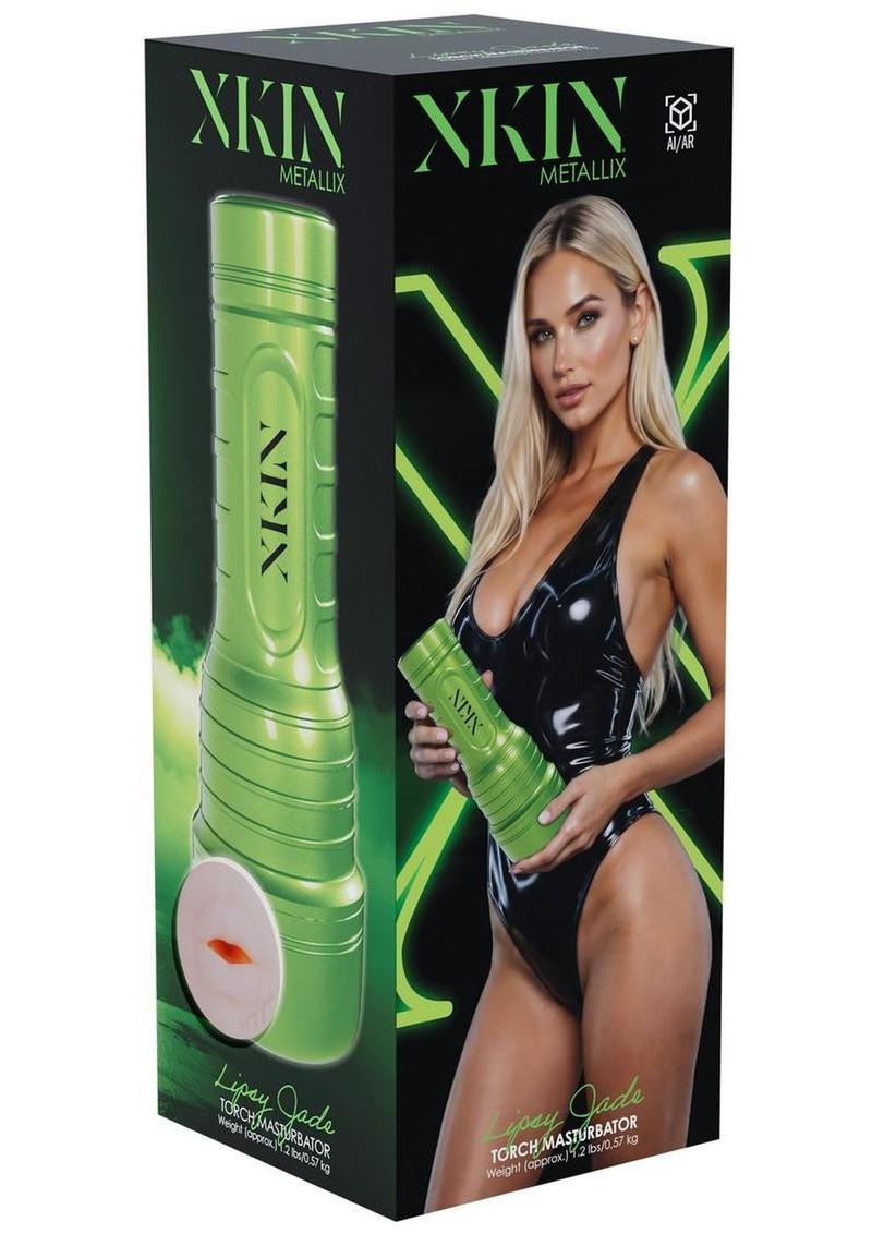 Xkin Lipsy Jade Rechargeable Vibrating Torch Masturbator - Female Mouth - Metallic - Green/Vanilla