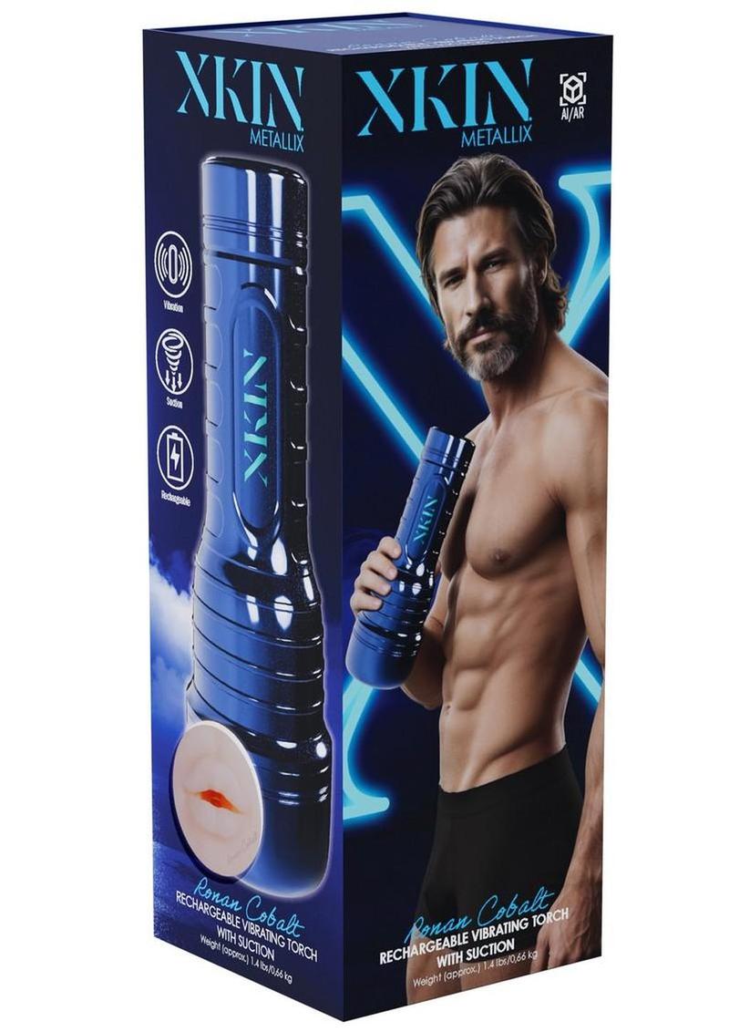 Xkin Ronan Cobalt Rechargeable Vibrating Torch Masturbator - Male Mouth - Metallic - Blue/Vanilla